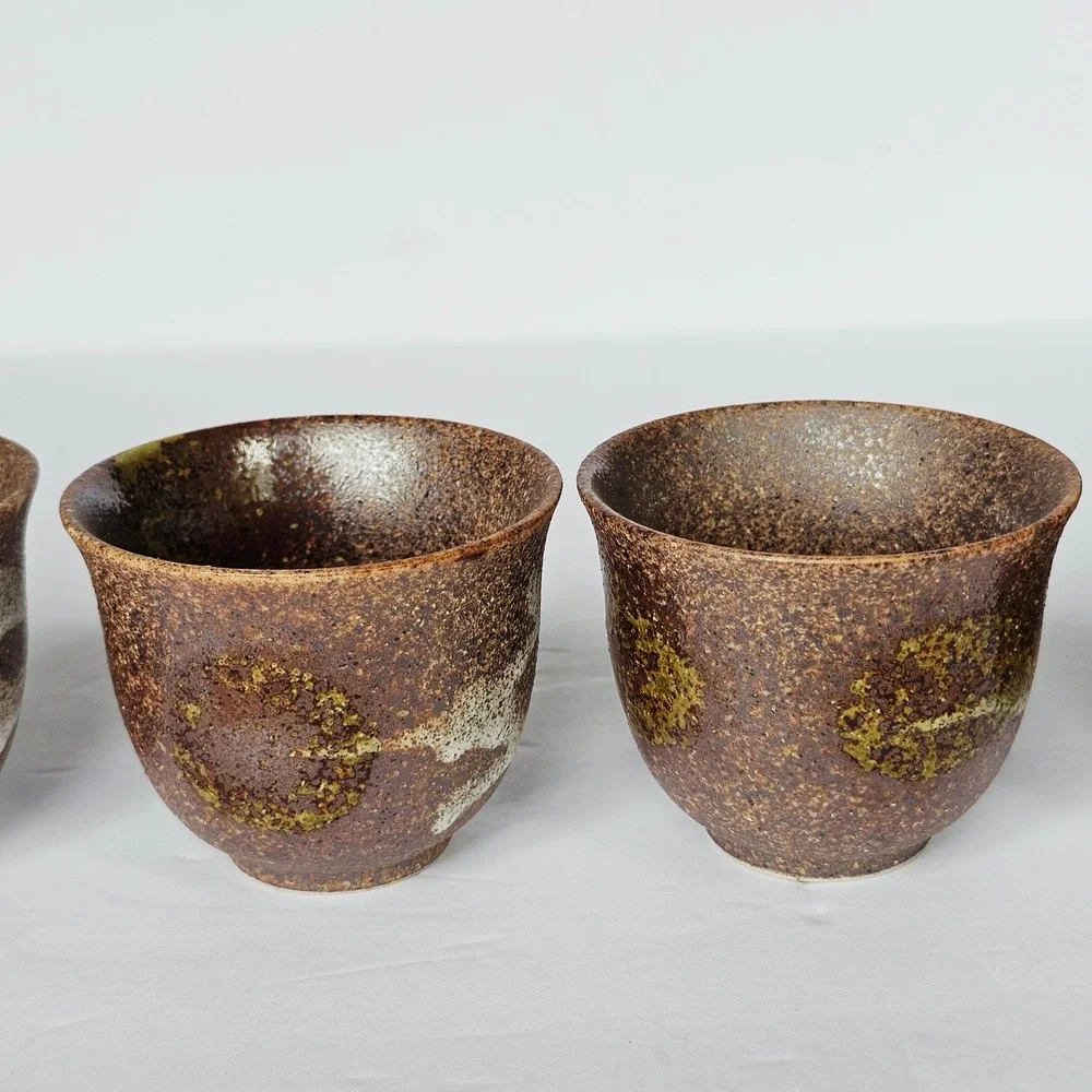 Vtg Japanese Style Tea Cup Set 5 Brown Speckled Pottery Wabi Sabi Rustic Earthy‎